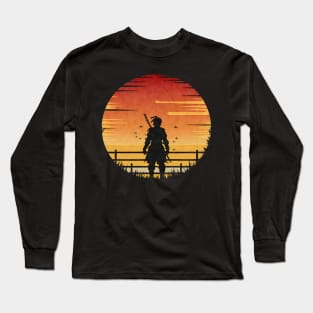 Retro vintage anime samurai in sunset Long Sleeve T-Shirt